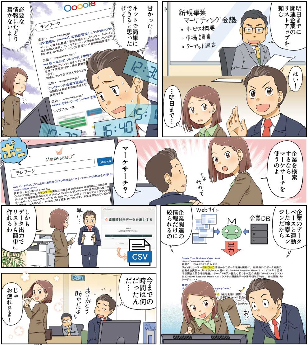 マーケサーチの特長と使い方を紹介するマンガ